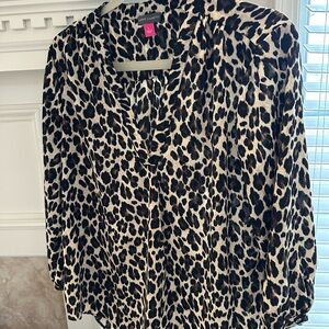 Vince Camuto Leopard Print V-Neck Blouse - Black & Cream